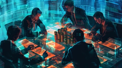 Dynamic illustration of business professionals collaborating on market trends in a financial meeting