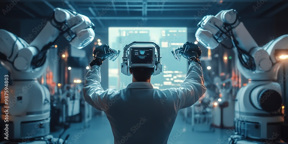 Poster manager engineer check and control automation robot arms machine in intelligent factory industrial o