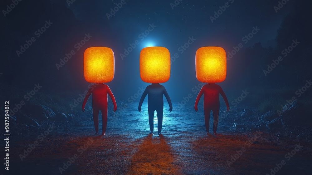 Aufkleber three abstract figures with illuminated cube heads stand in a dark environment, creating a mysteriou