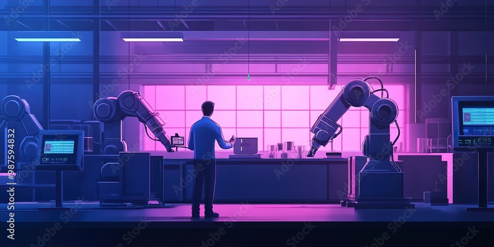 Poster manager engineer check and control automation robot arms machine in intelligent factory industrial