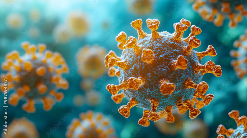 Poster close-up view of covid-19 virus under a microscope, showing detailed virus particles in pink with a 