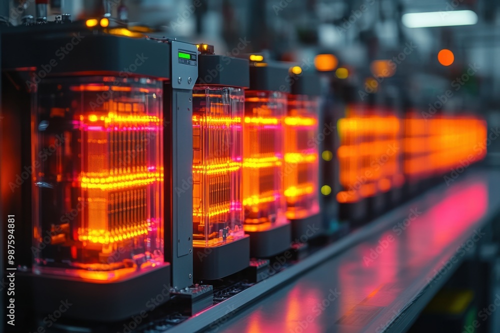 Poster close-up of a row of illuminated server racks in a data center