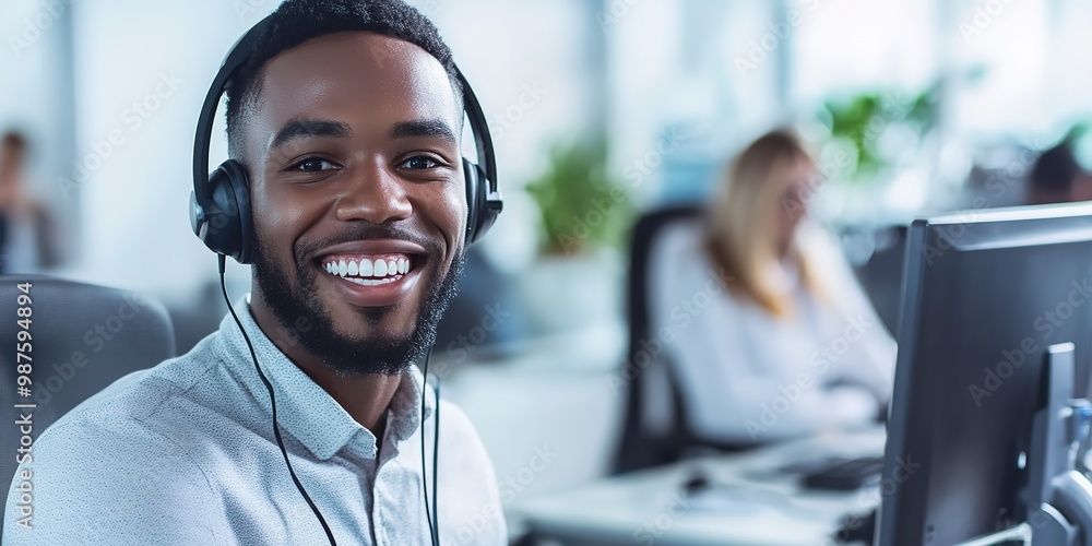 Aufkleber man providing tech support in a call center