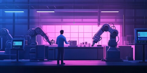 Fototapeta premium Manager engineer check and control automation robot arms machine in intelligent factory industrial 
