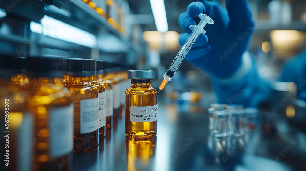 Poster a syringe being carefully inserted into a vial of vaccine solution in a laboratory environment