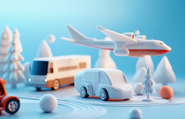 D Rendered Miniature Airplane  Bus  and Car