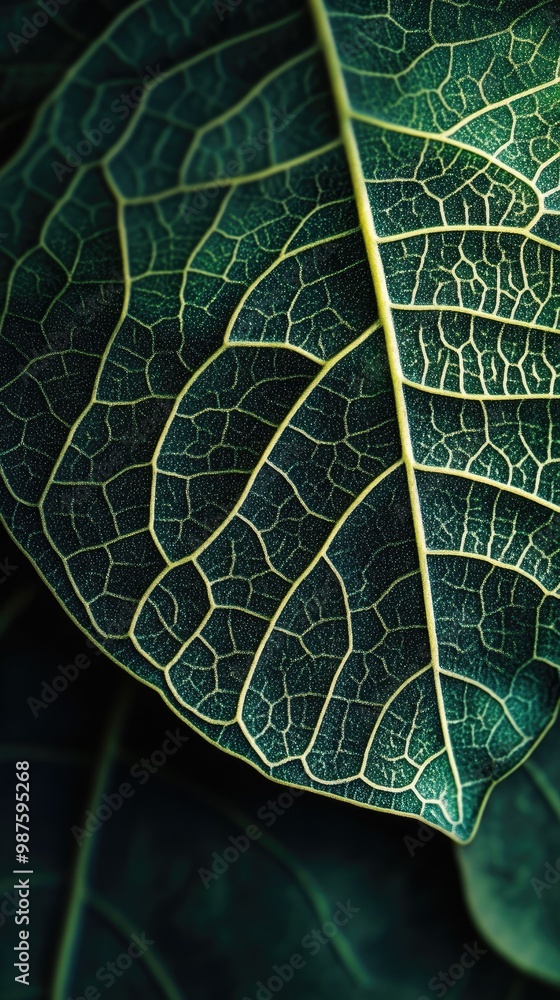 Poster detailed image of a green leaf showcasing intricate vein patterns and textures, perfect for nature a