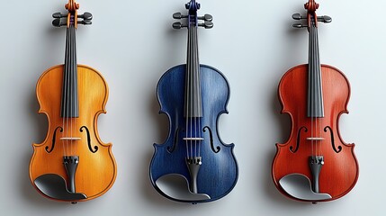Fototapeta premium Three vibrant violins in orange, blue, and red hues, beautifully arranged against a simple background, showcasing artistic craftsmanship.