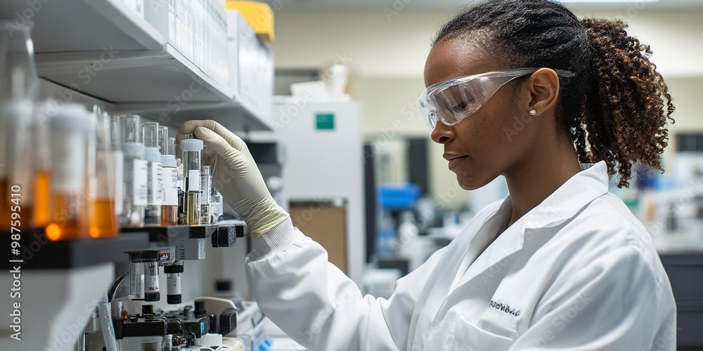 Poster lab worker engaged in operating sophisticated equipment in a clean and controlled laboratory