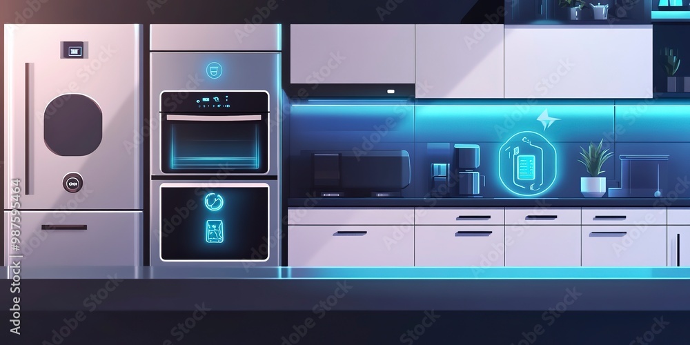 Poster kitchen with smart appliances with display screen and a smart oven with voice-controlled settings, c