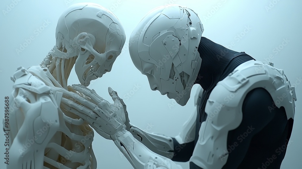 Poster two humanoid robots engage in a contemplative moment, showcasing advanced robotics and human-like de