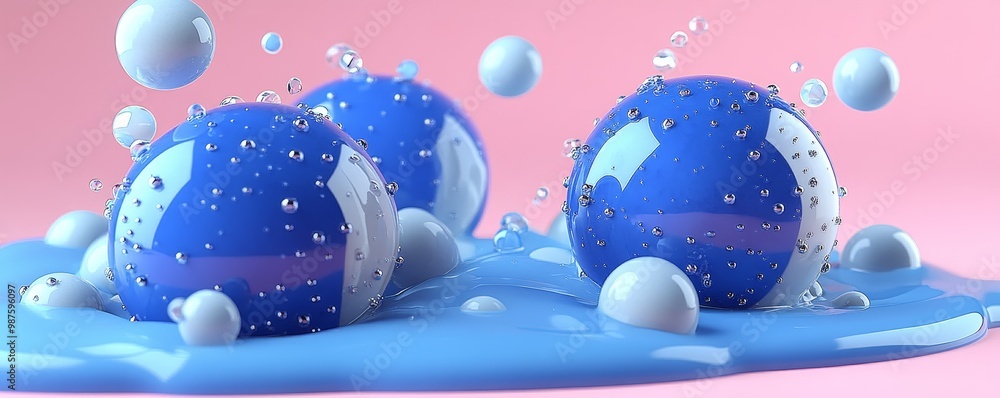 Poster vibrant blue balls resting in a pool of glossy liquid, surrounded by bubbles, creating a playful and