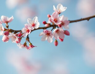 Obraz premium A close-up image of a cherry blossom branch against a light blue sky, featuring pink and white flowers in full bloom, with a slight blur and a slight tilt, creating a serene and tranquil scene