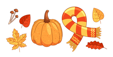 Bright Autumn Pumpkin, Leaves, And A Striped Scarf. The Warm Color Palette Evokes The Cozy, Festive Atmosphere Of Season