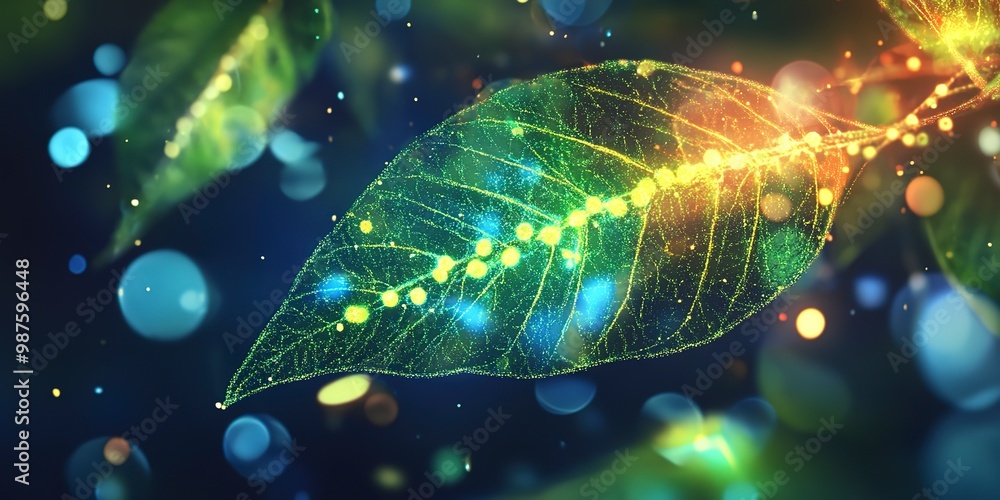 Poster Illustration of a bioengineered leaf with glowing genetic markers, symbolizing innovation in plant biotechnology and sustainable agriculture. 