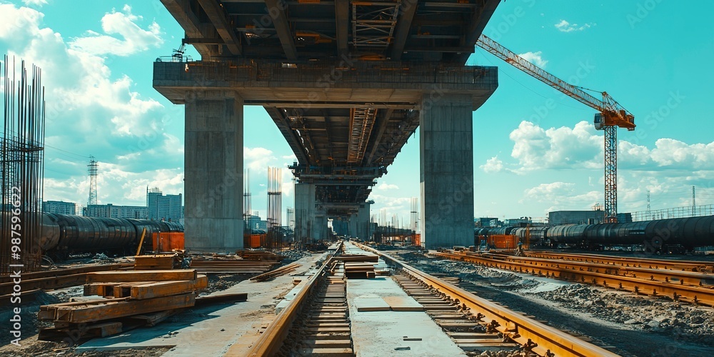 Sticker Highway construction bridge is under construction. building bridge over a railroad 