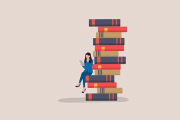 business woman sitting on the books. concept of success, education level and skill development