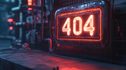Neon "404 Page Not Found" Sign with Digital Server Background for Tech Concept