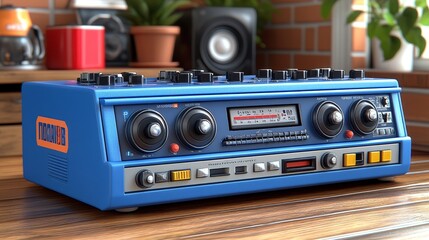 Fototapeta premium Vintage blue radio on wooden surface, blending retro design with modern decor. Perfect for music lovers and nostalgia enthusiasts.