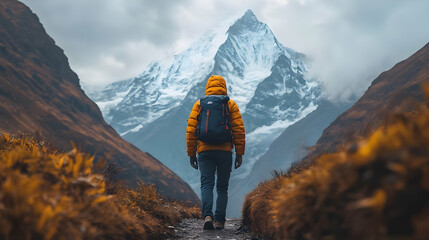 A Hiker Walking Towards a Snowy Mountain Peak - Photo