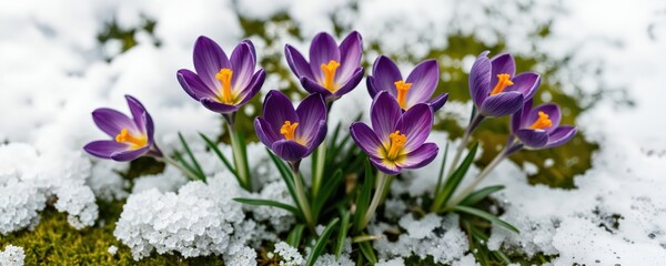 Six vibrant purple crocus flowers with orange centers are surrounded by snow-covered green moss, creating a serene winter scene