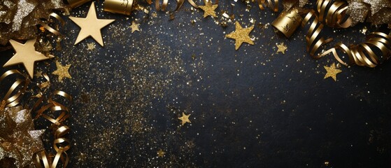New Years Eve corner border banner of glittery gold stars, streamers, decorations and noisemakers. Top view on a black background. with copy space