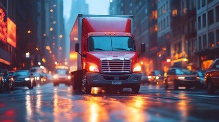 Fototapeta premium A delivery truck navigating through traffic in a bustling metropolitan area, emphasizing speed and efficiency