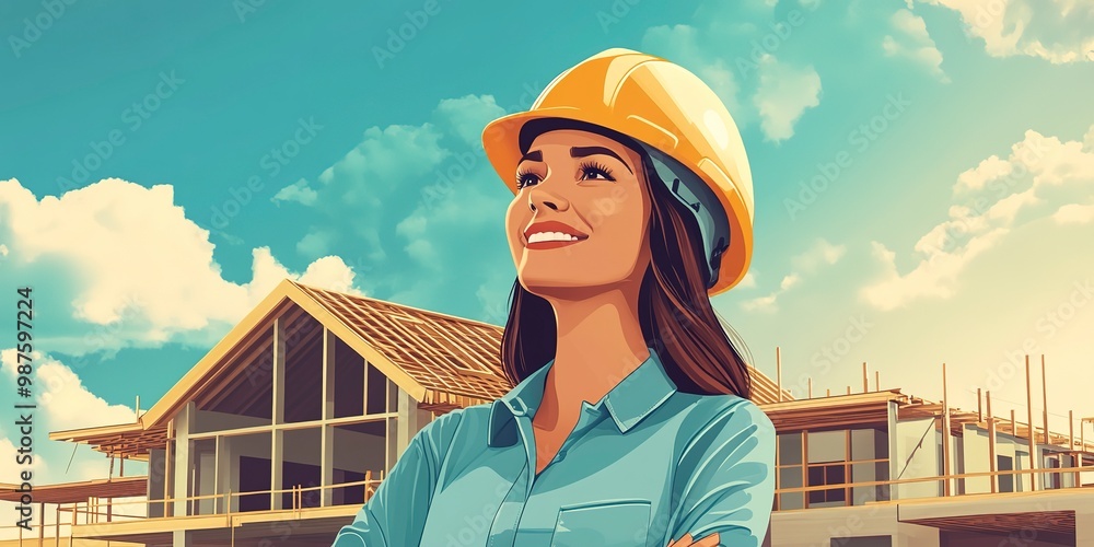 Sticker Happy woman in an engineer hard hat at a construction site. Work process, construction of a house 