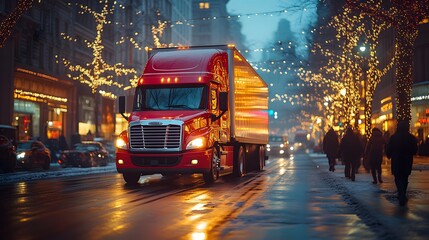 Obraz premium Large delivery truck cruising down a busy commercial street, surrounded by storefronts and urban traffic