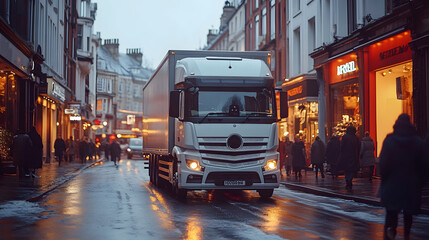 Fototapeta premium Large delivery truck cruising down a busy commercial street, surrounded by storefronts and urban traffic