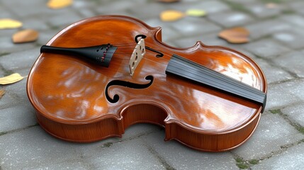 Obraz premium A beautifully crafted violin resting on a cobblestone path, showcasing its elegant wood finish and intricate details.
