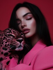Woman and Leopard, fashion portrait. Beautiful model with laopard.