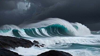 Massive ocean waves crashing against a rocky shore during a tropical storm, with heavy rain and swirling winds