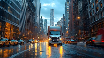 Fototapeta premium High-rise buildings framing a fast delivery truck driving in the heart of the city, representing quick and efficient service