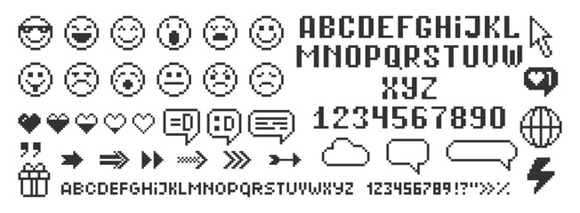 Set of emoji, globe, specch bubbles, arrows and alphabet. Pixel art vector illustration.