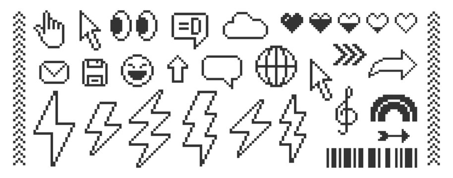 Set of emoji, globe, specch bubbles, rainbow and lightning. Pixel art vector illustration.