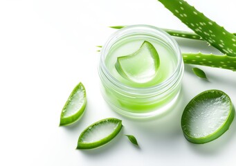 Aloe Vera Gel and Leaf Slices on White Background