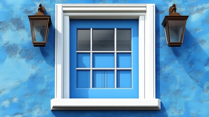 Fototapeta premium A charming blue window framed with white trim, flanked by rustic lanterns, set against a textured blue wall.