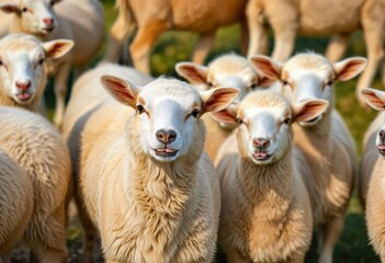 Obraz premium A group of white sheep with brown faces and ears stand in a verdant field, facing the camera with curious expressions, while a few sheep in the background are partially visible