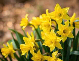 A close-up image of a cluster of vibrant yellow daffodils in full bloom, with green stems and petals, set against a blurred brown background, showcasing their full bloom and vibrant colors