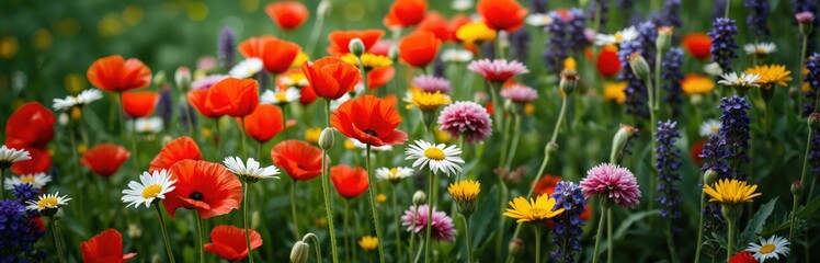 A vibrant field of red poppies, yellow daisies, and purple wildflowers, set against a blurred green background, showcases a harmonious blend of colors and shapes