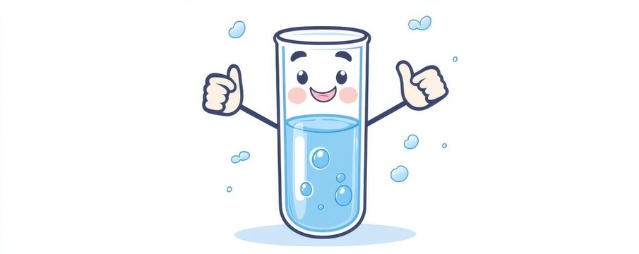 Cartoon test tube character with a cheerful expression giving a thumbs up and filled with blue liquid