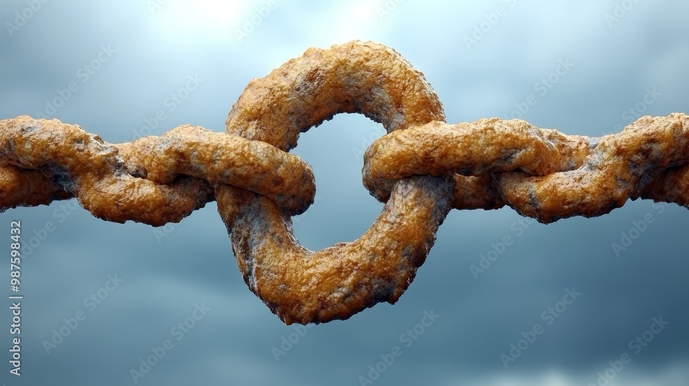 Poster a close-up of a rusty chain link against a dramatic sky, symbolizing strength and resilience in chal