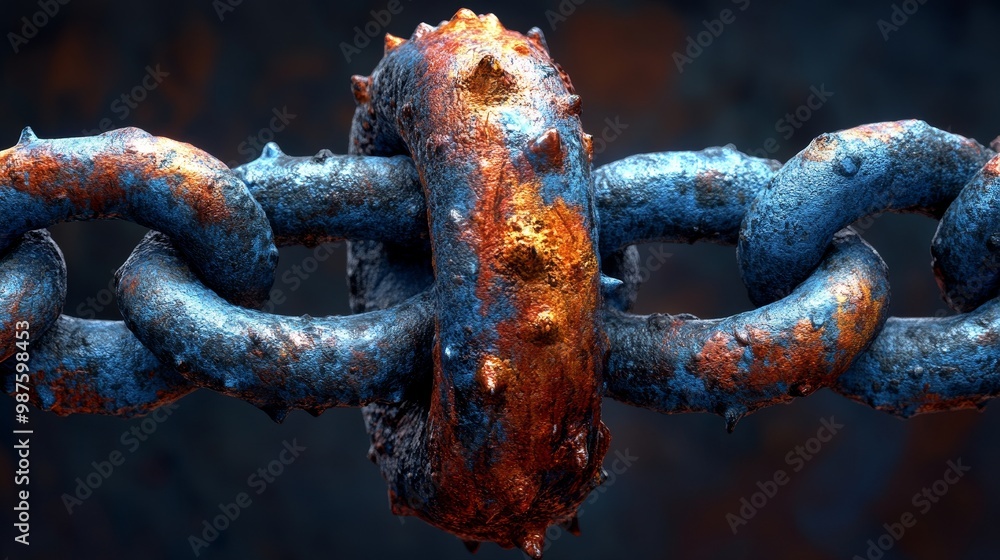 Poster a close-up of a rusty chain link showcasing textured details and vibrant colors, symbolizing strengt
