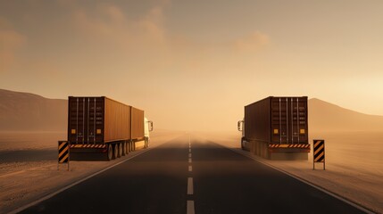 Obraz premium Two Cargo Trucks on an Empty Desert Highway at Sunset with Mountains in the Background