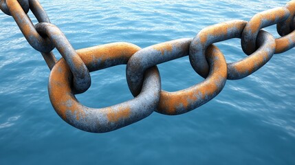 A close-up of a rusty chain partially submerged in blue water, symbolizing strength and resilience in challenging environments.