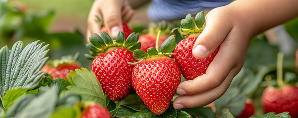 Joyful kids picking strawberries at local farm, enjoying natures bounty - Powered by Adobe