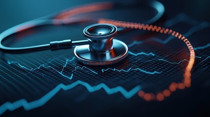 Close-up of Stethoscope on Digital Heartbeat Monitor Display with Glowing ECG Lines in Medical Setting