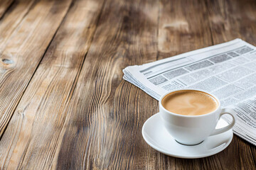 Obraz premium A calm morning scene with coffee and newspaper on wooden table
