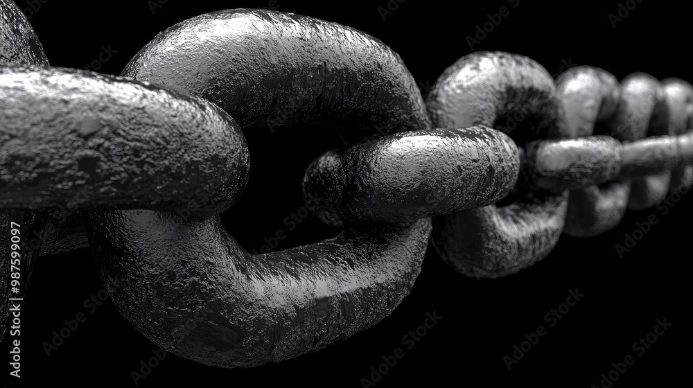 Poster a close-up view of a metallic chain link, showcasing its rugged texture and strength against a dark 